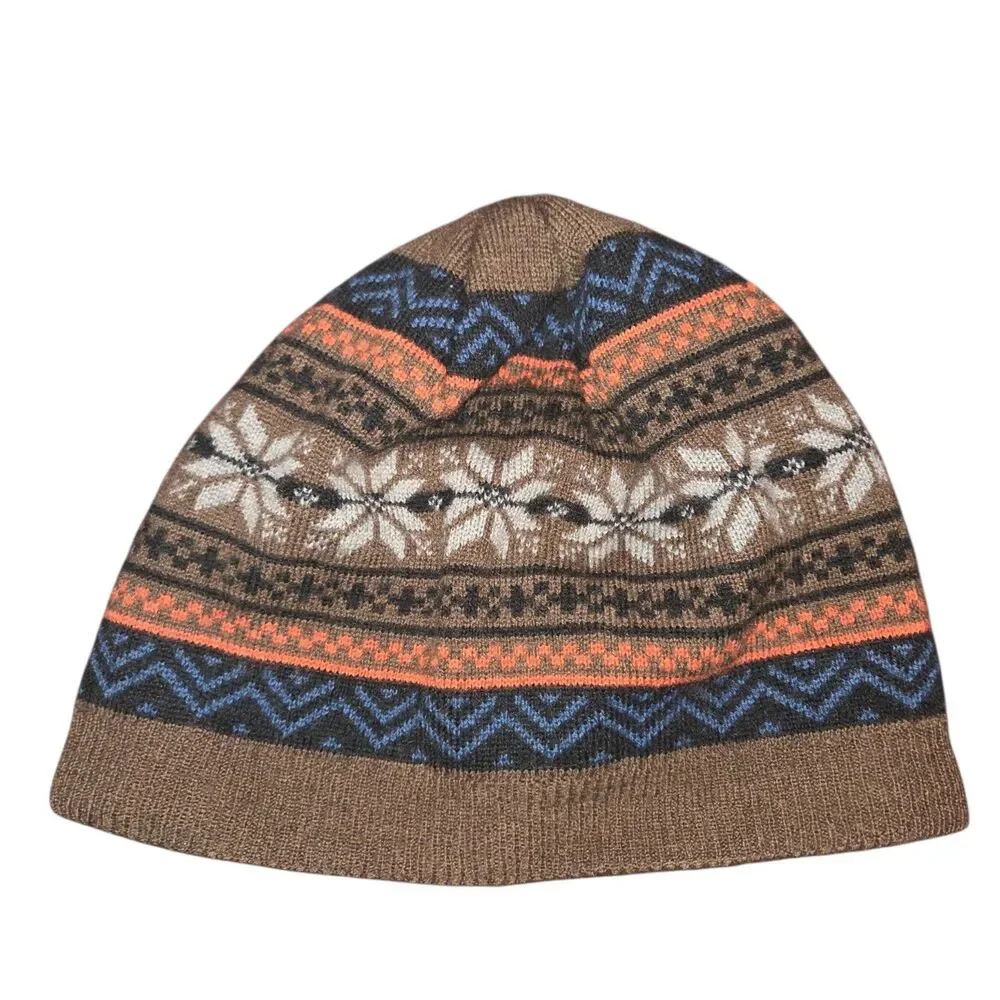 Turtle Fur Merino Wool Blend Beanie Hat Brown Fair Isle Snowflake Fleece Lined